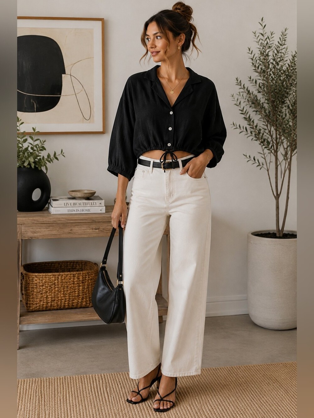 Allie Rose Black Linen Blend Cropped Drawstring Blouse Size L